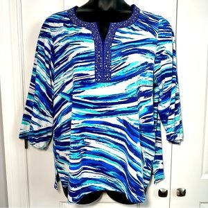 Croft & Borrow | Blue and White Multi-Colored 3/4 Sleeve Blouse | Size 1X